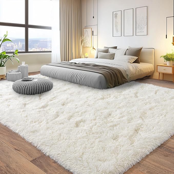 Pionblank 9x12 Area Rug, Large Area Rug for Living Room, Shag Rug for Bedroom, Soft Furry Non Slip Carpet for Kids Room Nursery Teens Dorm Home Decor, Cream White