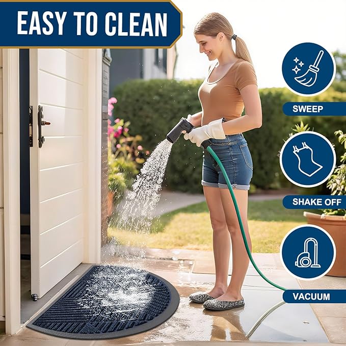 Smiry Half Circle Front Door Mat Outside Entrance, Heavy Duty Sturdy Natural Rubber Doormat, Trap Dirt and Moisture, Low Profile Mats for Indoor Outdoor Entry, Irregular Triangle (35x23, Navy Blue)