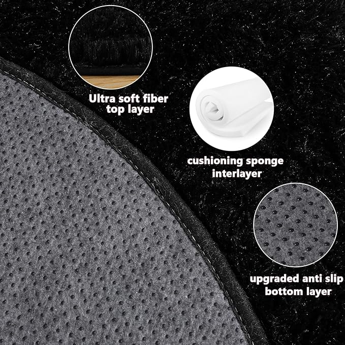 4'x4' Black Round Rug for Bedroom, Ultra Soft Fluffy Circle Rug for Kids Girls Boys Room, Cute Shag Rugs for Living Room Playroom Teen Room Home Decor Rug