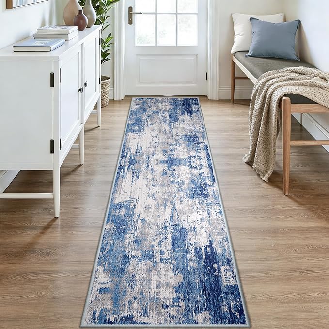 Washable Area Rugs 2x9 Non-Slip Modern Abstract Soft for Living Room Entryway Bedroom Nursery, Print Pattern, Blue Grey Navy Gray