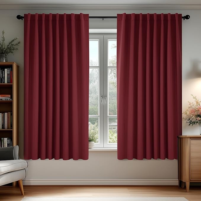 Deconovo Blackout Curtains, Thermal Insulated, W70 x L63 2 Panels, Back Tab, Machine Washable, Room-Darkening Drapes for Bedroom/Living Room Burgundy Red
