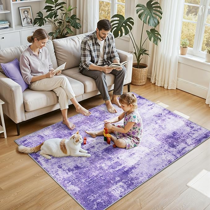Washable Area Rugs 4'x6' Non-Slip Modern Abstract Soft for Living Room Entryway Bedroom Nursery, Print Pattern, Purple Gray Pink White