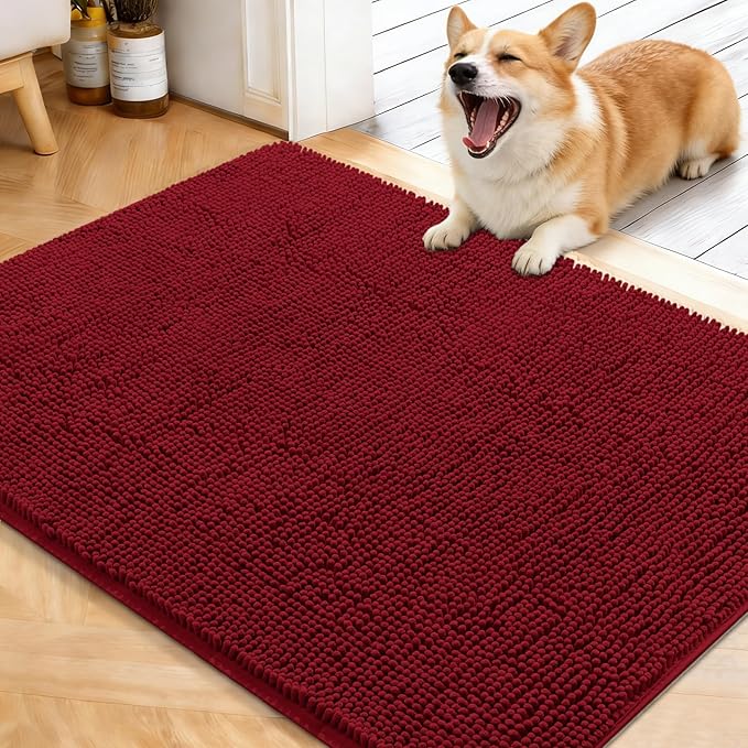 OLANLY Dog Door Mat for Muddy Paws 40x32, Absorbs Moisture and Dirt, Absorbent Non-Slip Washable Doormat, Quick Dry Chenille Mud Mat for Dogs, Entry Indoor Entryway Carpet for Inside Floor, Red