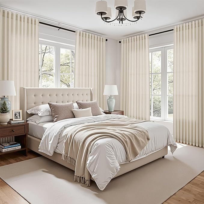 Birch Beige Linen Curtains 80 Inch Length for Living Room Light Filtering Semi Sheer Curtain Back Tab Modern Farmhouse Decor Elegant Luxury Coastal Drapes for Bedroom Dinner Room 52x80, 2 Panels