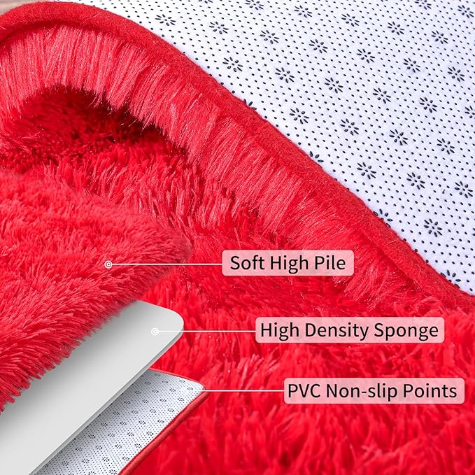 Soft Runner Rugs for Bedroom Hallways, 2x6 Red Fluffy Shag Throw Area Rug Non Slip for Bedside Dorm, Long Shaggy Furry Carpet for Nursery Living Room