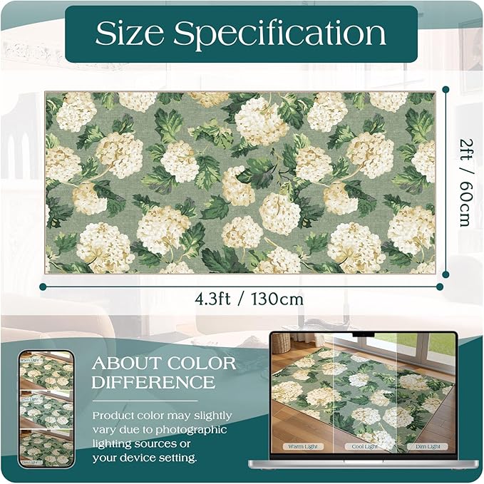Front Door Mat Indoor Entrance - 2x4.3 Ft Spring Washable Layered Doormat Outdoor Entrance Porch Rug Non-Slip Sage Green Beige Floral Runner Rug for Kitchen Bedroom Laundry Room Porch Decor
