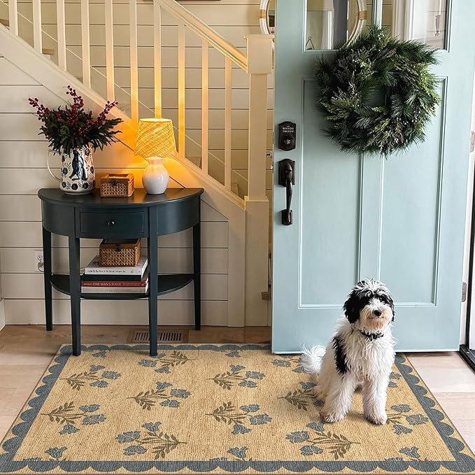 3x5 Floral Entry Rug - Small Washable Indoor Outdoor Mats for Front Door Non-Slip Jute-Look Porch Rug Boho Blue Scalloped Throw Rugs for Living Room Bedroom Entryway Kitchen Office Porch Decor