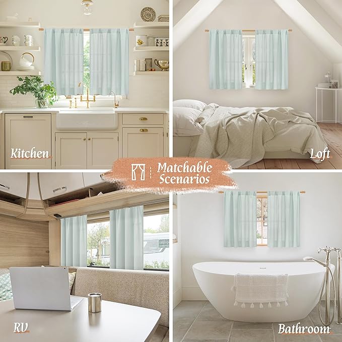 LAMIT Bedroom Linen Curtains 45 Inch Long, Light Filtering Neutral Window Curtains Farmhouse Boho Rod Pocket Room Decor Panels for Small Window/Living Room, 2 Panels, 42 x 45 Inch, Light Blue