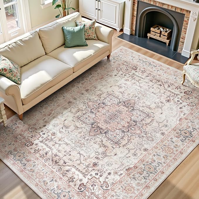 Lofus 8x10 Area Rugs for Living Room, Washable Area Rug, Rugs for Bedroom, Kitchen, Vintage Boho Carpet, Soft Non-Slip, Low Pile Large Area Rug for Office Dining Room, Pink