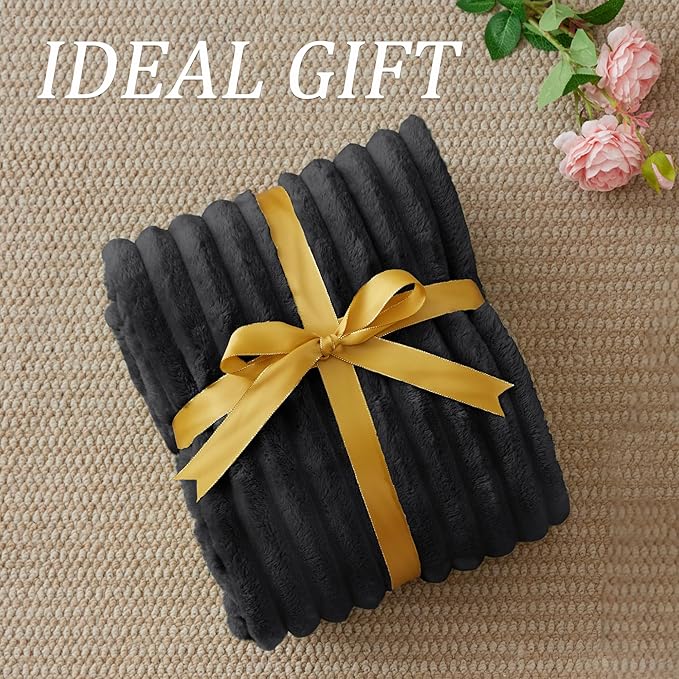 BEDELITE Fleece Black Throw Blanket for Couch - 300GSM Soft & Warm Fluffy Black Blanket, Decorative and Giftable Striped Blankets for Women, Men, 50"x60"