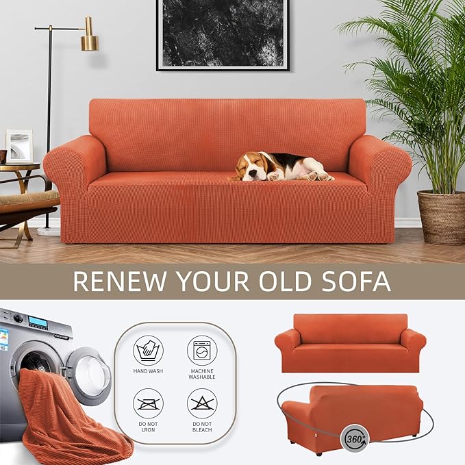 KEKUOU Stretch Sofa Cover Slipcover ，Couch Covers for 3 Cushion Couch Sofa (78"-94") Furniture Protector 3 Seater Sofa with Elastic Bottom for Kids,Dog(Large,Pureed Pumpkin)