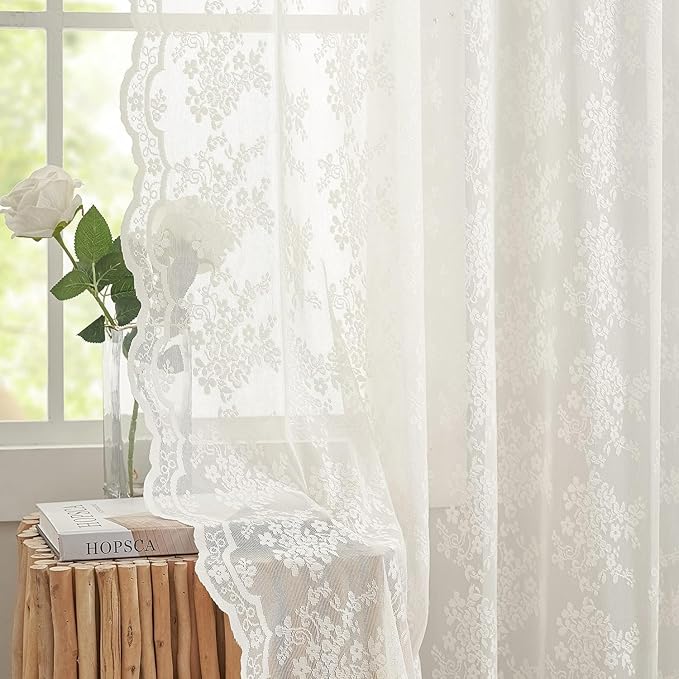 YJ YANJUN Vintage Lace Curtains 120 Inches Long-Antique Floral Ivory Privacy High Ceiling Sheer Curtain Panels for Dining Room, Patio Door, Large Windows - Rod Pocket 52x120 10 FT Tall Cream