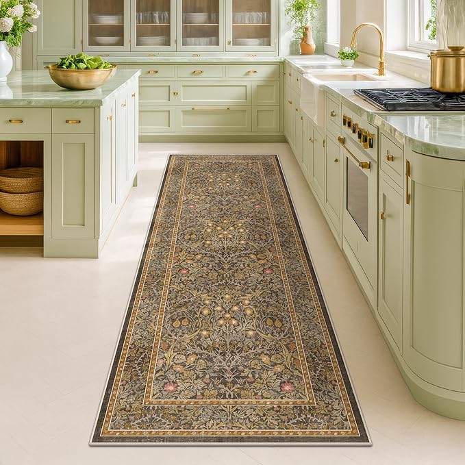 Hazo Haus Non Slip 2x5 Gold Brown Bathroom Runner Rug - Small Runner Rugs, Washable Kitchen Floor Mat, Bedroom, Laundry Room, Hallway Runner - Vintage Oriental Décor