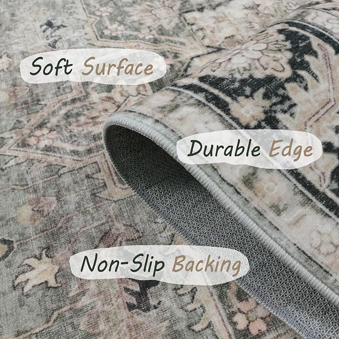 9x12 Area Rugs - 9x12 Washable Area Rug Indoor Vintage Rug Print Rug Low-Pile Floor Carpet for Living Room, Bedroom (Olive Charcoal)