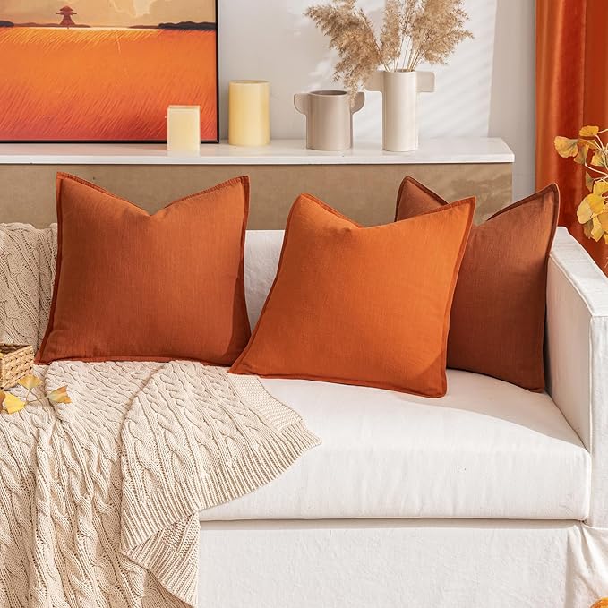 MIULEE Decorative Linen Pillow Covers 18x18 Inch Burnt Orange Boho Farmhouse Neutral Couch Throw Pillows for Bed Pack of 2 Accent Modern Pillowcase Summer Sofa Livingroom Home Decor