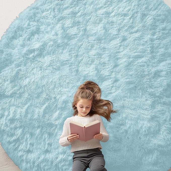 OLANLY Light Blue Round Rugs for Bedroom - Machine Washable, 9 ft Circle Area Rugs for Living Room, Soft and Fluffy Shaggy Carpet for Teen Girl and Boys, Nursery Rooms, Dorms, Home Decor Aesthetic
