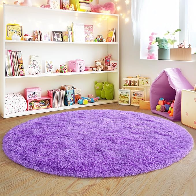 4'x4' Purple Round Rug for Bedroom, Ultra Soft Fluffy Circle Rug for Kids Girls Boys Room, Cute Shag Rugs for Living Room Playroom Teen Room Home Decor Rug