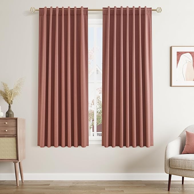 Guken 100% Blackout Curtains 63 Inch Length 2 Panels Set for Girls Bedroom Back Tab Thermal Insulated Black Out Linen Drapes Room Darkening Window Curtains 63 Inches Long,Dusty Rose