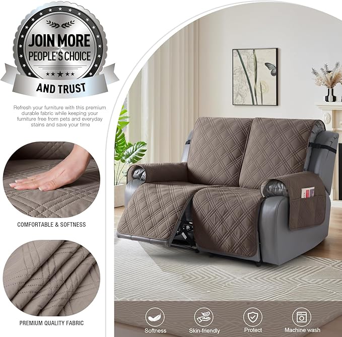 TAOCOCO 100% Waterproof Recliner Loveseat Cover Non Slip Couch Cover for 2 Seat Reclining Sofa, Split Reclining Loveseat Covers 2-Piece with Straps for Kids Pets(2 Seater, Taupe)