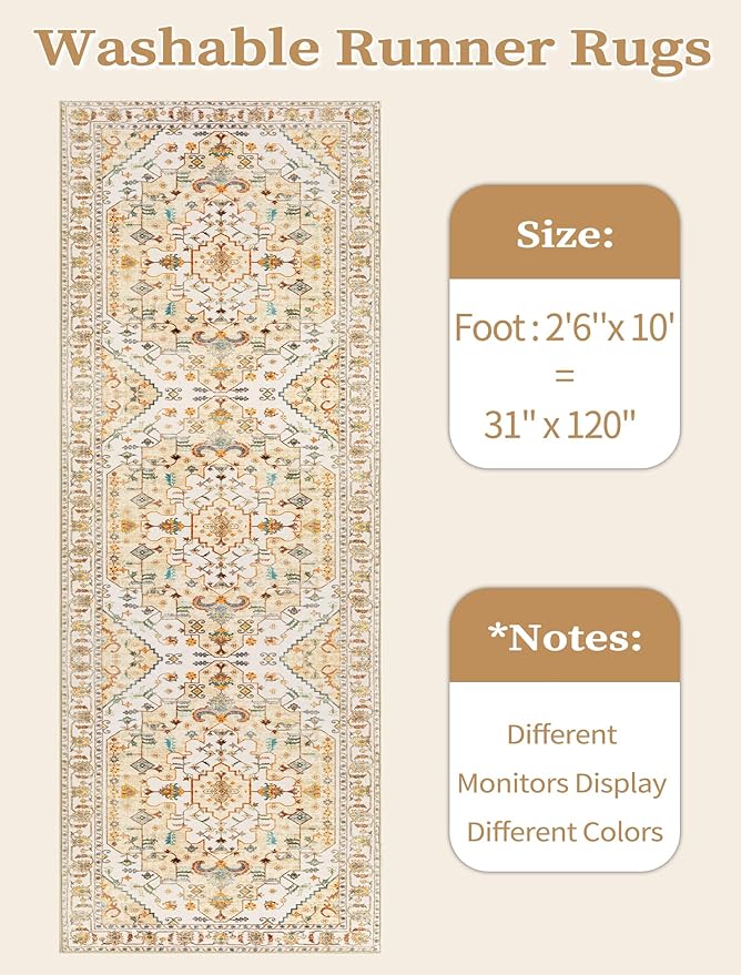 SERISSA Boho Washable Runner Rug, 2'6"x10' Rug Runner Non-Slip Vintage Light Yellow Hallway Kitchen Runner Rug Ultra Soft Print Distressed Floor Carpet Runner for Bedroom Bathroom Laundry Room