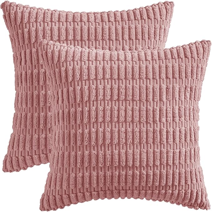 MIULEE Pack of 2 Corduroy Decorative Throw Pillow Covers 18x18 Inch Soft Boho Striped Pillow Covers Modern Farmhouse Home Decor for Sofa Living Room Couch Bed Blush Pink Spring Valentine Decor