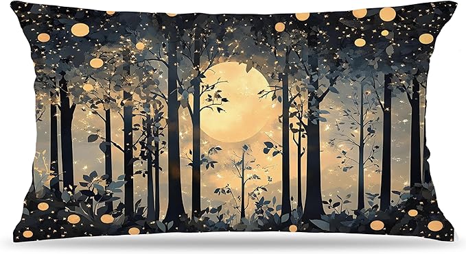 Rustic Night Moon William Morris Inspired Forest Gold Pillow Covers 18x18,Vintage Black and Gold Botanical Nature Landscape Decorative Throw Pillow Covers for Home Bedroom Living Room