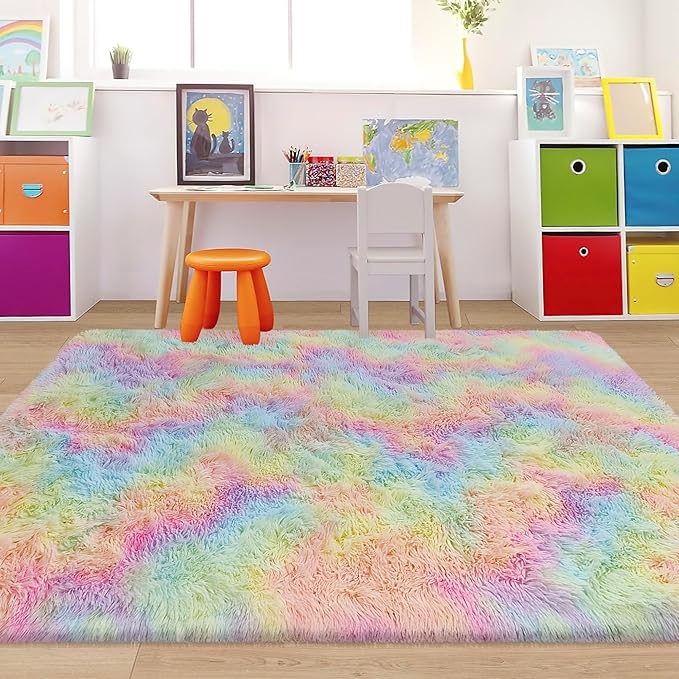Fluffy Rainbow Colorful Area Rug for Girls Bedroom 4x6 Kawaii Tie Dye Rug Fuzzy Indoor Floor Unicorn Rug for Living Room Kids Nursery Baby Princess Room Dorm Home Decor Aesthetic Carpets