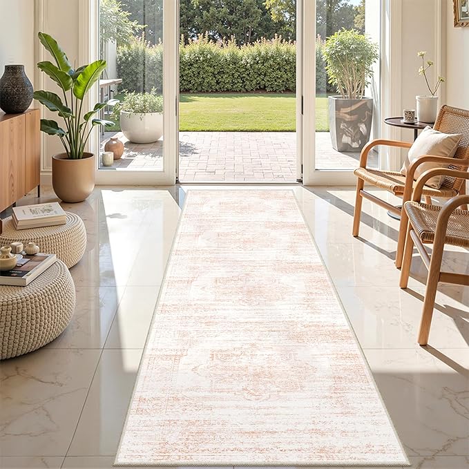 2x8 Runner Rug, Washable Runners for Hallways wirh Rubber Backing, Stain Resistant Kitchen Rug, Soft Thin Carpet Runner for Entrance, Bedroom, Living Room Indoor(2'x8', Pink/White)