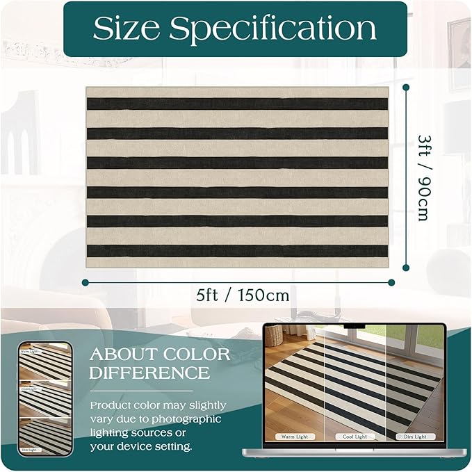 Black and White Striped Entry Rug - 3x5 Ft Washable Indoor Outdoor Front Door Mat Outside Entrance Front Porch Mat Non-Slip Floor Carpet for Bedroom Entryway Kitchen Office Porch Decor