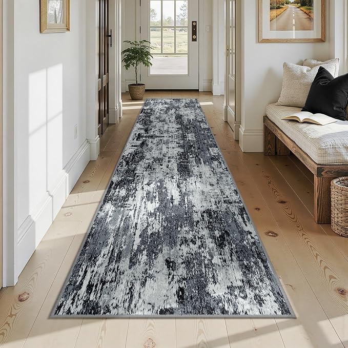 Washable Area Rugs 2'6'' x12 Non-Slip Modern Abstract Soft for Living Room Entryway Bedroom Nursery, Print Pattern, Black Navy Blue Gray