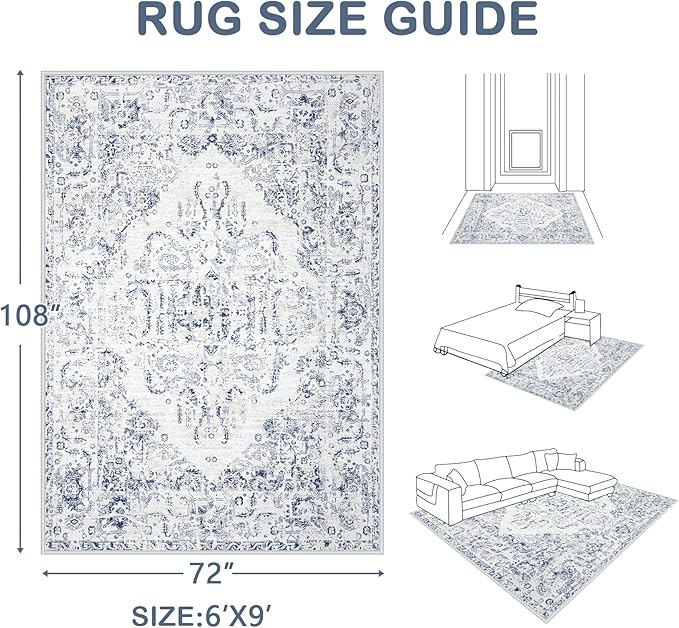 6x9 Area Rugs for Living Room: Washable Rug Vintage Large Rugs Soft Non Slip Low Pile Rug Floral Distressed Floor Carpet for Bedroom Kitchen Nursery Dining Room Home Office (Blue, 6'x9')