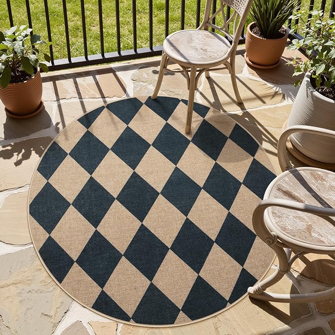 Lahome Colette Checkered Round Entryway Rug 4ft, Circle Indoor Outdoor Patio Rug Washable Farmhouse Easy Jute Kitchen Rugs, Contemporary Non Slip Round Carpet for Bedroom Front Porch