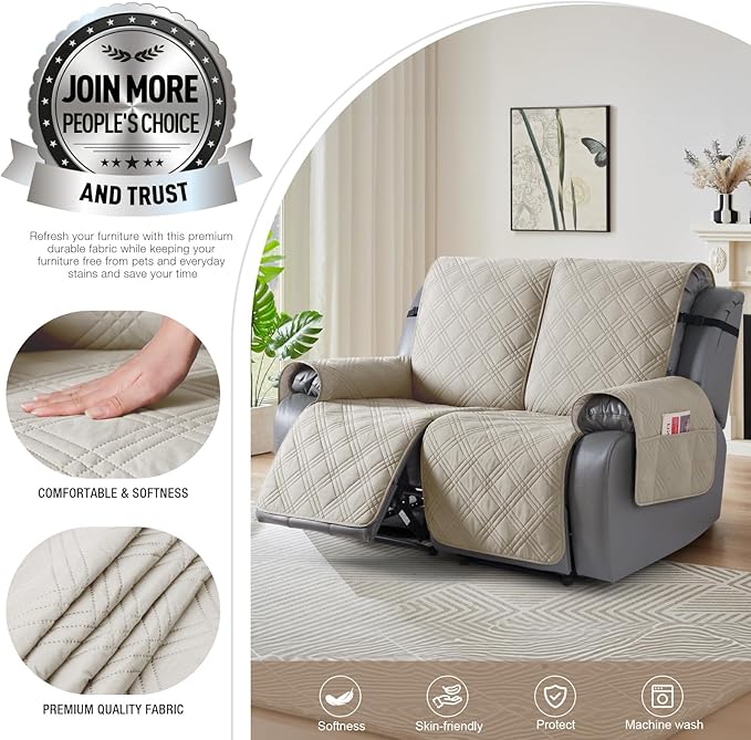 TAOCOCO 100% Waterproof Oversized Recliner Loveseat Cover, Non Slip Extra Wide Recliner Covers with Straps for Reclining Loveseat for Kids Pets, Spilt Cover(2 Seater Oversized, Cream)