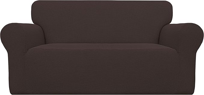 Easy-Going Stretch Loveseat Slipcover 1-Piece Sofa Cover Furniture Protector Couch Soft with Elastic Bottom for Kids Polyester Spandex Jacquard Fabric Small Checks (Loveseat, Chocolate)