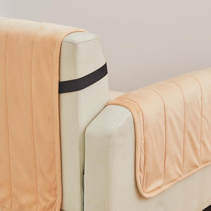 Great Bay Home Velvet Chair Cover - Washable Slipcover Furniture Protector with Elastic Straps - Furniture Cover for Dogs, Kids, and Pets - Stitched Detail (Peach)