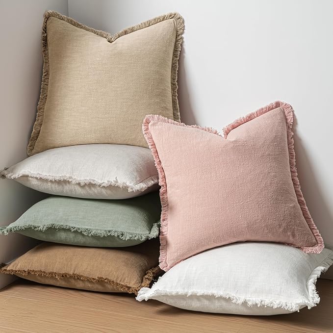MIULEE Valentines Decorative Throw Pillow Covers Neutral Linen Fringe Throw Pillows Set of 2 Pink Boho Farmhouse Cushion Covers with Tassels for Couch Sofa Bed Living Room Spring Decor 18x18 Inch