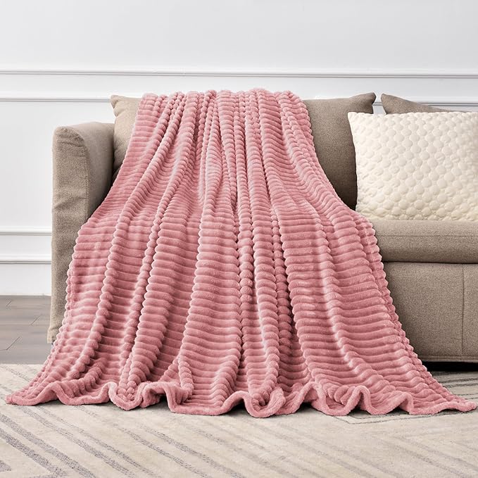 BEDELITE Fleece Throw Blanket for Couch – 3D Ribbed Jacquard Soft and Warm Decorative Fuzzy Blanket – Cozy, Fluffy, Plush Lightweight Dusty Pink Throw Blankets for Bed, Sofa, 84x90 inches