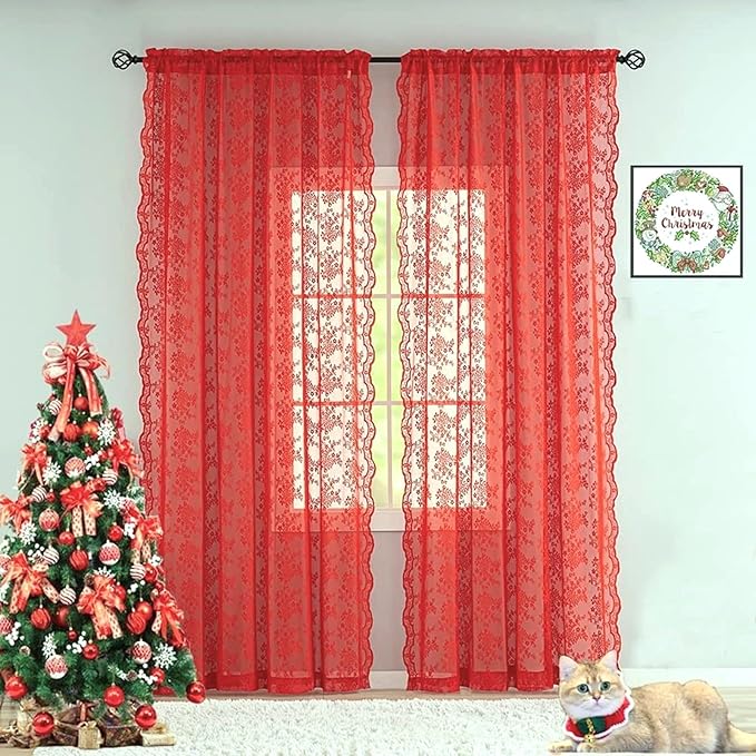 YJ YANJUN Vintage Lace Curtains 90 Inches Long 2 Panels - Retro Floral Red Christmas Sheer Curtains for Living Room Bedroom Rod Pocket Wedding Party Xmas Christmas Holiday Decor 52" W x 90" L