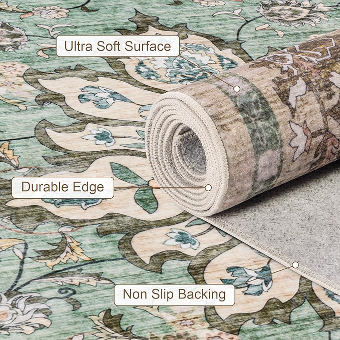 Area Rugs 10x14 Living Room Rug: Washable Rug Soft Vintage Distressed Floral Carpet Indoor Non-Slip Stain Resistant Large Carpets for Bedroom Dining Room Farmhouse Nursery Home Office Brown Green