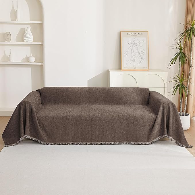 MYSKY HOME Boho Couch Cover Chocolate Sofa Covers with White Tassel Farmhouse Sofa Slipcover Simple Couch Protector for Dogs Chenille Sectional Couch Covers L Shaped Couch Cushion Covers, 91"x 134"