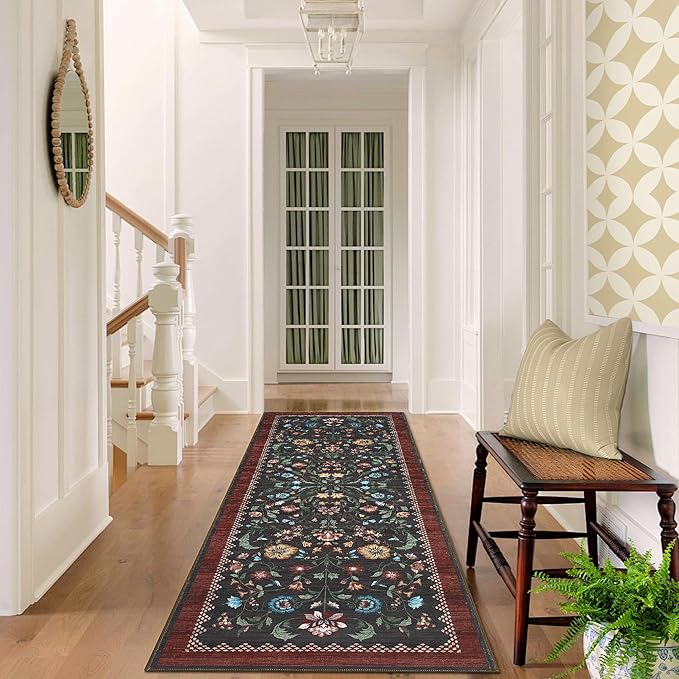 GarveeHome Floral Rug 2x6 Runners for Hallways, Boho Kitchen Runner Rugs Non Slip Bath Runners, Vintage Washable Runner Rug for Bedroom, Soft Long Rugs for Entryway Bathroom Laundry Dorm, Red