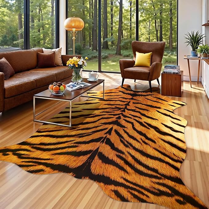 AROGAN Premium Tiger Print Rug 5.2x6.2 Feet, Machine Washable Faux Fur Rug, Non-Slip Animal Print Hide Tiger Skin Area Rug for Bedroom Living Room Home Decor