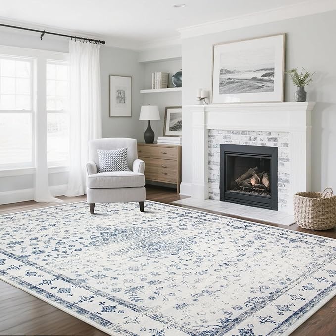 Washable Rugs 8x10 Area Rugs for Living Room,Rugs for Bedroom,Large Carpets,Ultra Soft Faux Wool Retro Dining Room Rug,Non Slip&Non-Shedding Low Pile Vintage Print Rug for Home Office-Blue