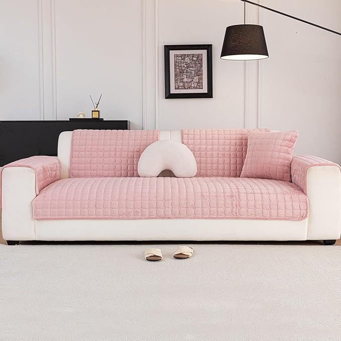 Velvet Couch Cover, Washable Sectional Sofa Cover, Anti Slip Sofa Slipcover for 3 Cushion Couch Sofa L Shaped Armrest Backrest, Furniture Protector Covers for Pets Kids(1PC, Pink, 28"×28")