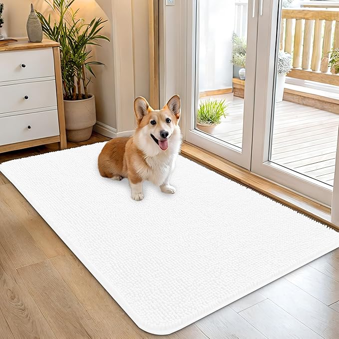 OLANLY Dog Door Mat for Muddy Paws 45x27, Absorbs Moisture and Dirt, Absorbent Non-Slip Washable Doormat, Quick Dry Chenille Mud Mat for Dogs, Entry Indoor Entryway Carpet for Inside Floor, White