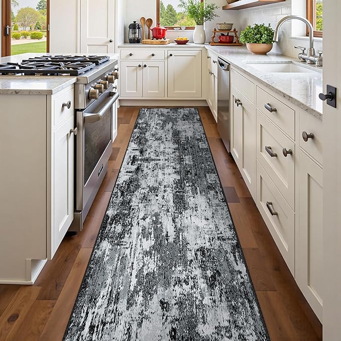 Washable Area Rugs 2'x8' Non-Slip Modern Abstract Soft for Living Room Entryway Bedroom Nursery, Print Pattern, Black Navy Blue Gray