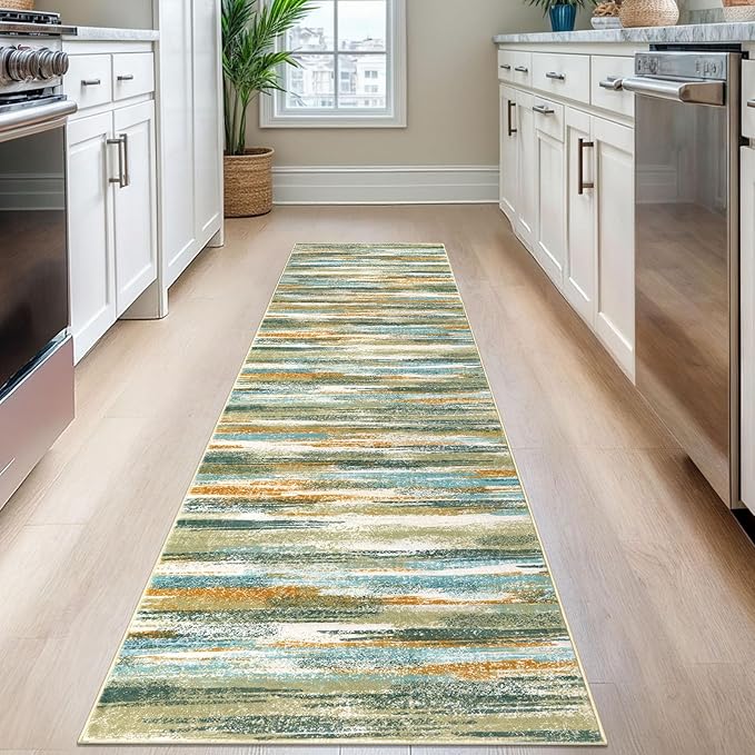 Lansny Modern Abstract Runner Rug 2.6x8, Green Mustard Multi Washable Kitchen Runner Non-Slip Soft Hallway Rug Runner Thin Print Faux Wool Carpet for Entryway Bedroom Laundry Room Indoor