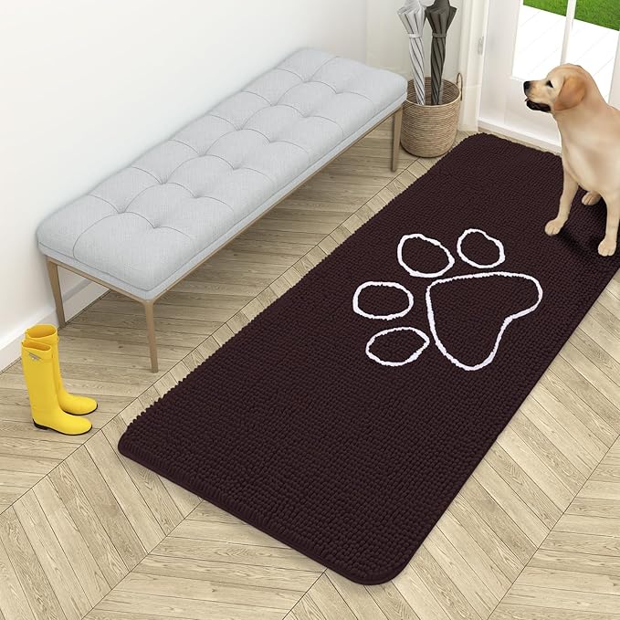 OLANLY Dog Door Mat for Muddy Paws 54x24, Paw Print Design, Absorbs Moisture and Dirt, Absorbent Non-Slip Washable Doormat, Quick Dry Chenille Mud Mat for Dogs, Entry Indoor Entryway Carpet, Brown