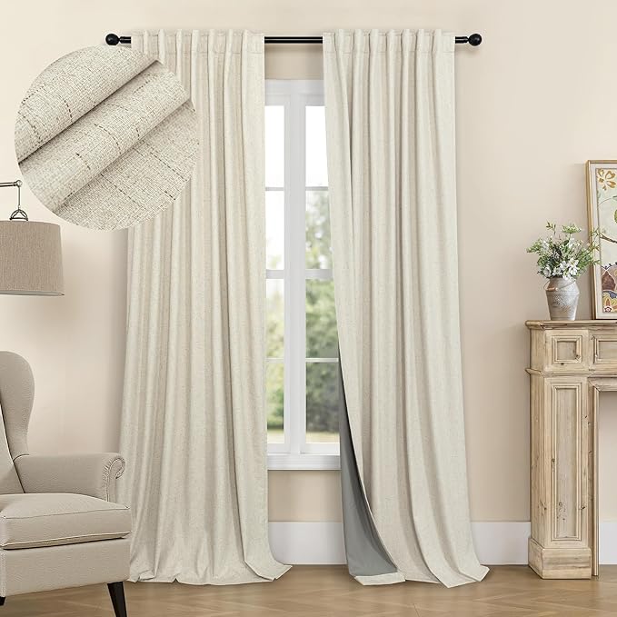 Linen Drapes for Living Room Darkening 100% Blackout Curtains 86 Inch Length 2 Panels Textured Black Out Thermal Insulated Rustic Farmhouse Country Window Curtain for Bedroom Back Tab 86 Long Beige