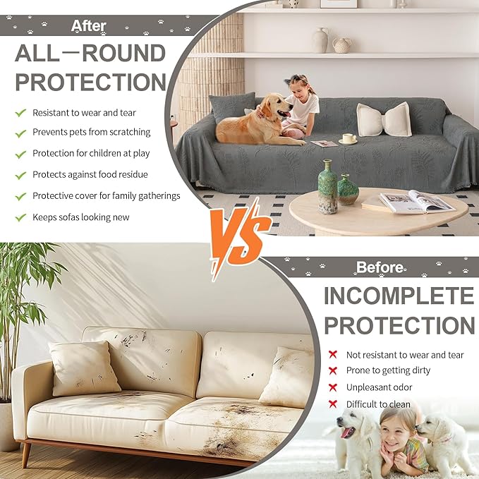HANDONTIME Washable Couch Covers for Sofa Boho Couch Covers for 3 Cushion Sofa Pet Friendly Grey Chenille Jacquard Couch Protector for Dogs Plant Branch Sectional Cover Sofa Slipcovers, 71" X 134"